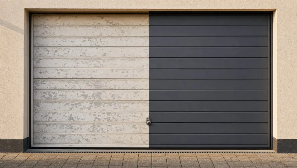 Before and after: garage door spraying in Egham