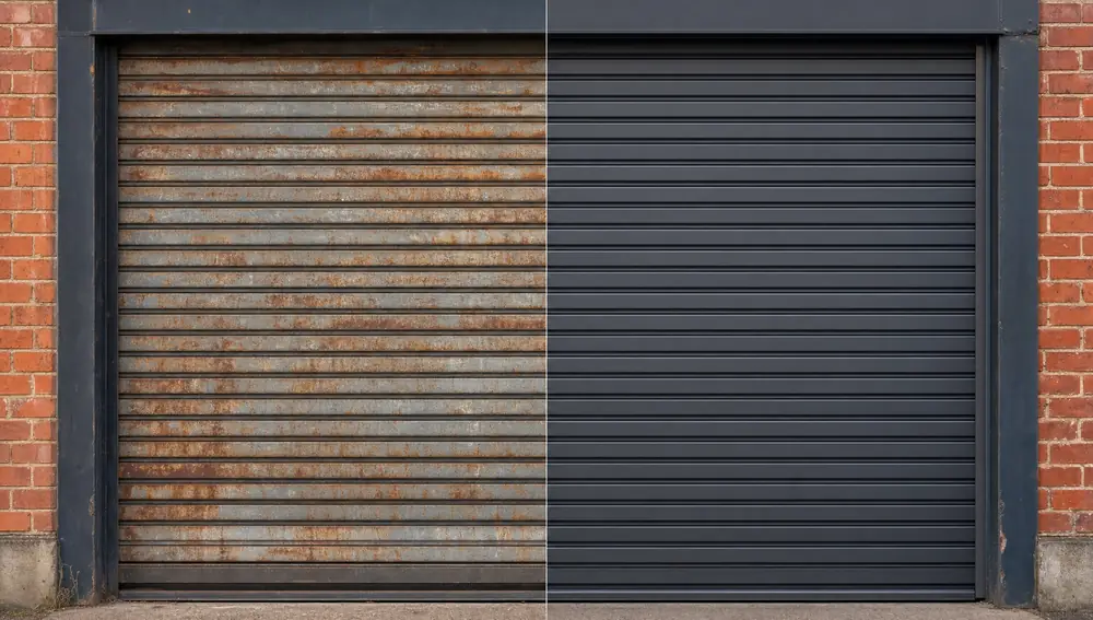 Before and after: roller shutter painting in Addlestone