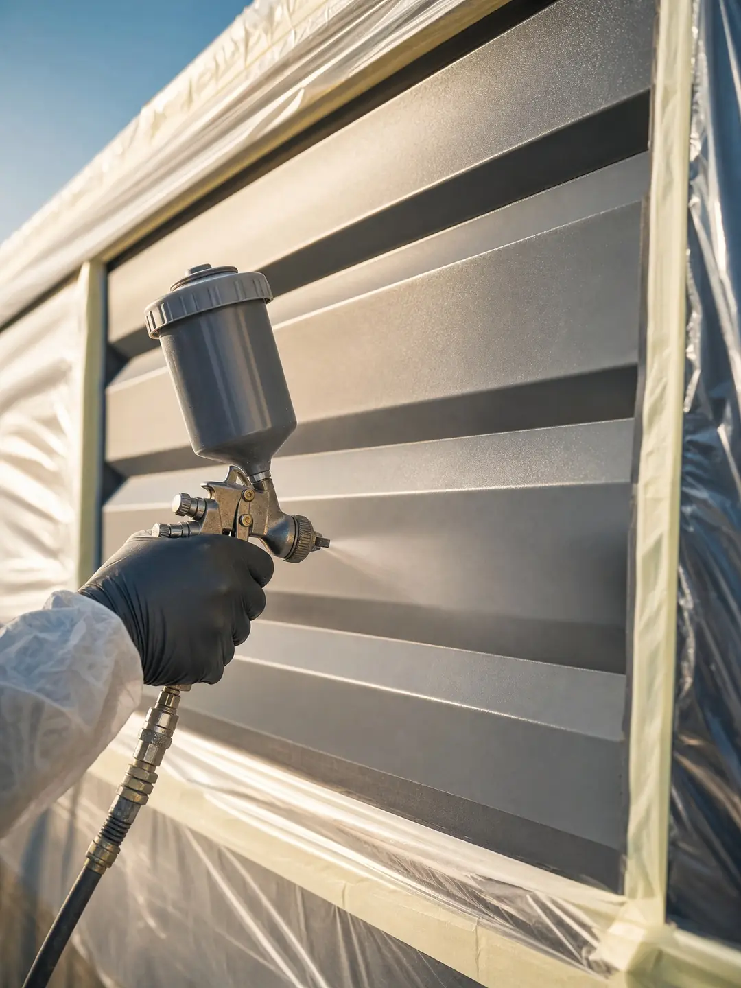 Spraying cladding in progress with an HVLP gun