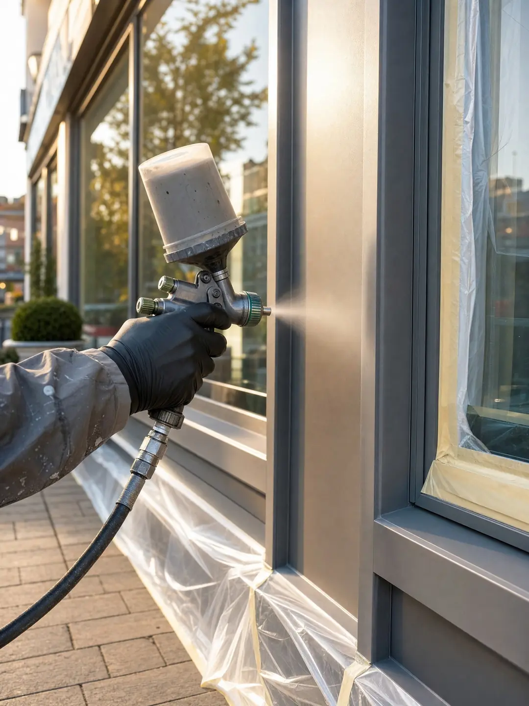 Spraying commercial in progress with an HVLP gun