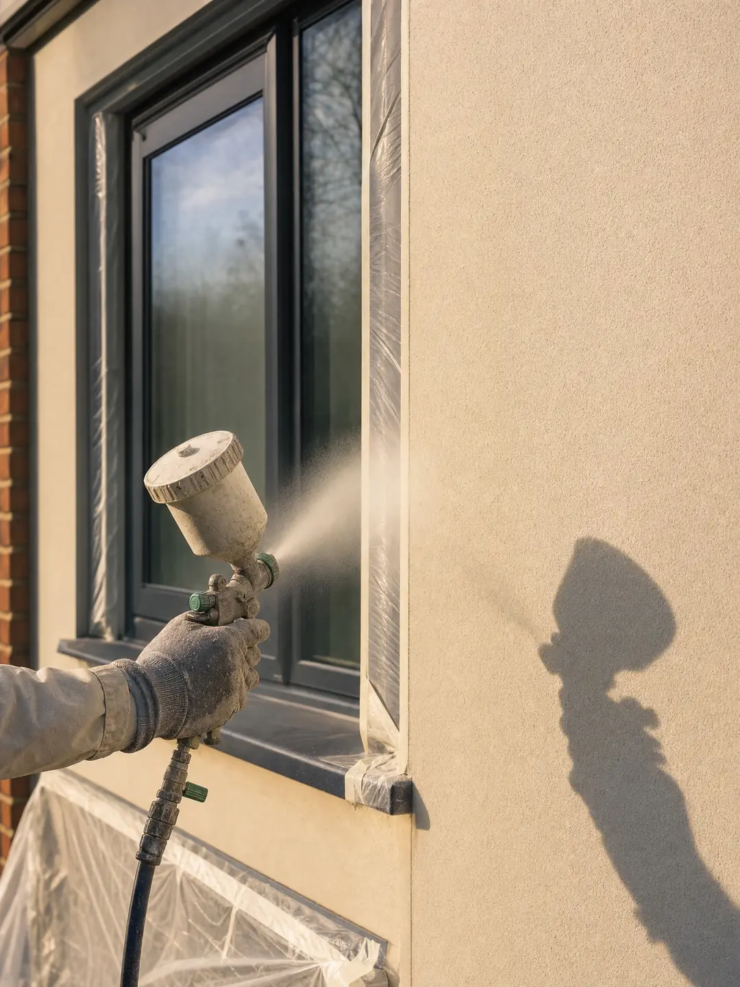 Spraying exterior finish in progress with an HVLP gun