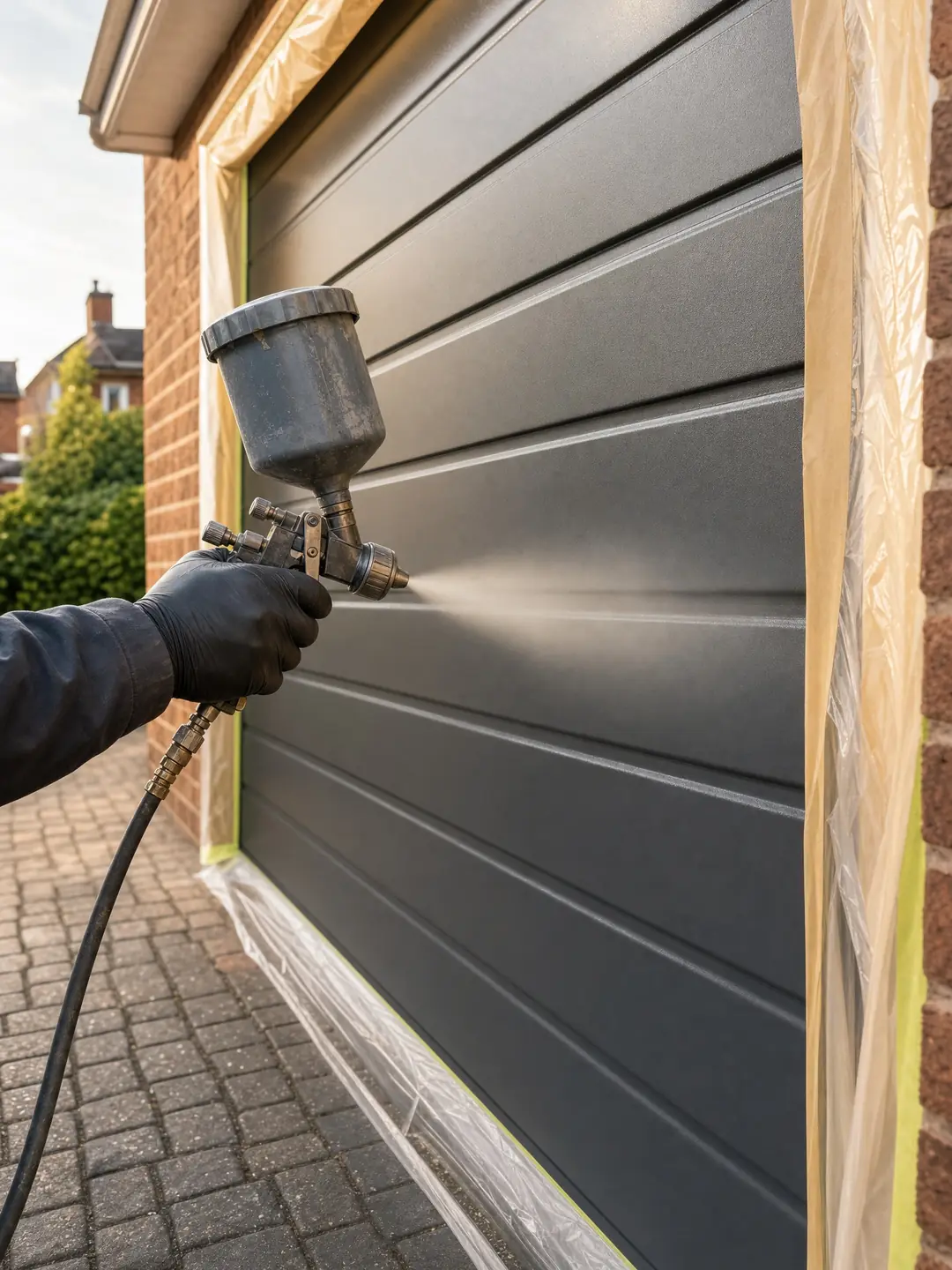 Spraying garage doors in progress with an HVLP gun