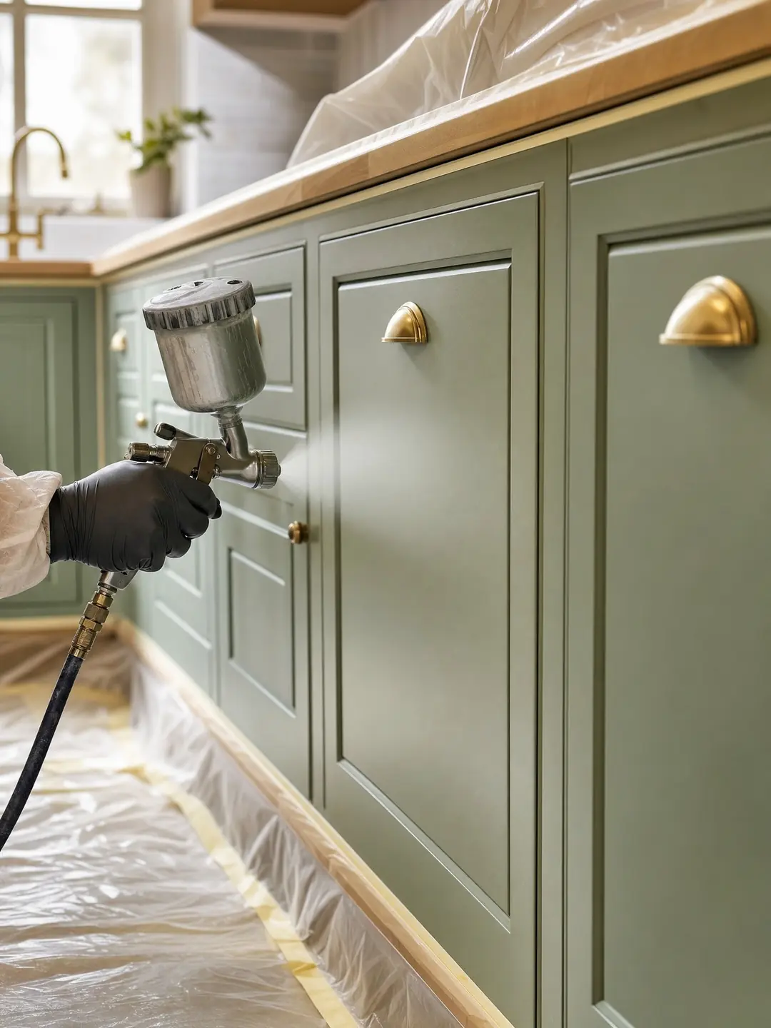 Spraying kitchen resprays in progress with an HVLP gun