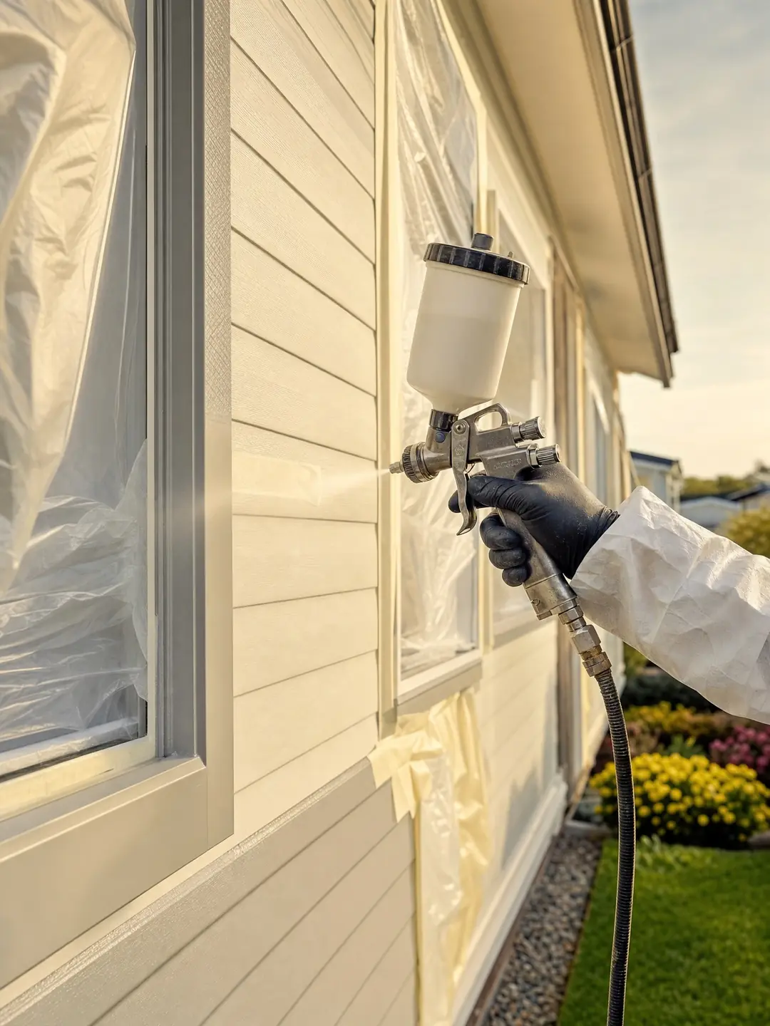 Spraying park homes in progress with an HVLP gun