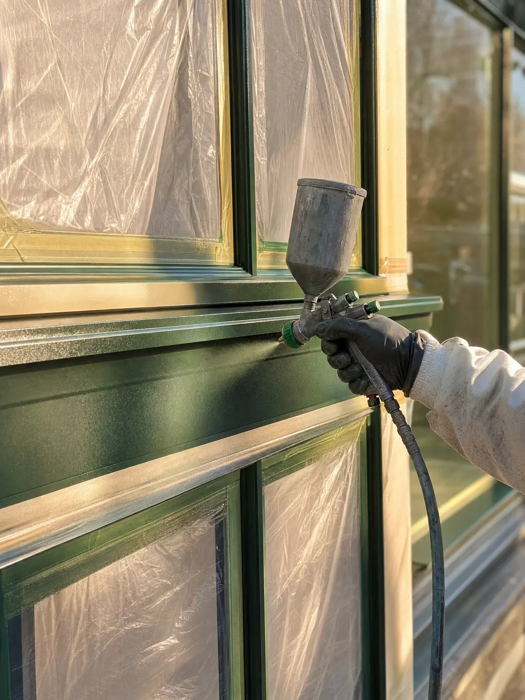 Spraying shop fronts in progress with an HVLP gun